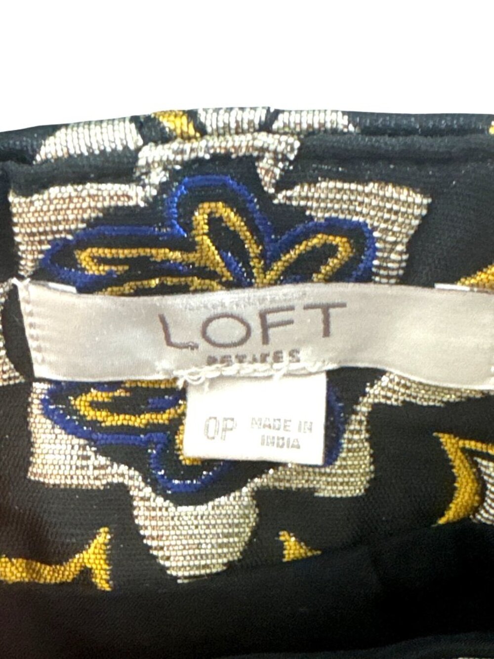 LOFT Petite Metallic Jacquard Mini Skirt Blue Gold Tile Print Size OP Preppy - Picture 3 of 8